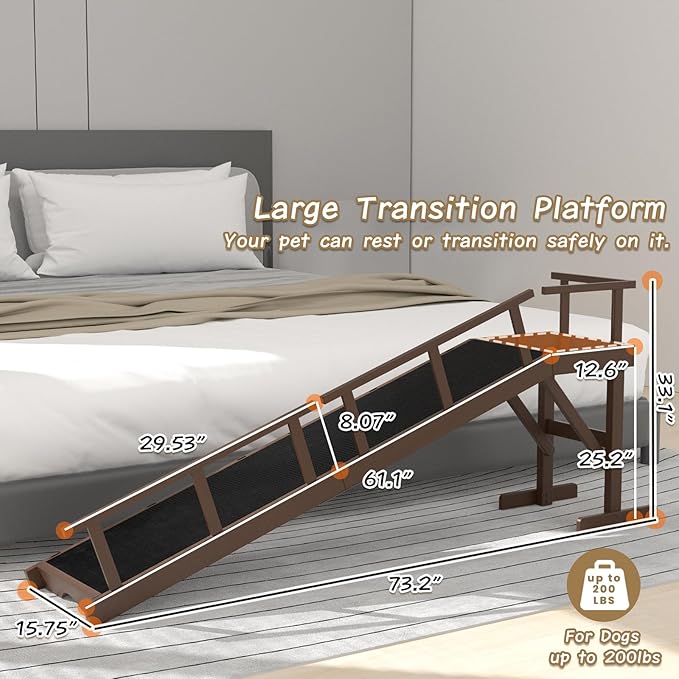 73" Dog Ramp for Bed, Pet Ramp with Removable Side Rail and Non-Slip Surface, Pet Ramp for Small & Large & Senior Dogs with Rest Platform and DIY Glow Strips,Dog Stairs for Couch, Brown-PawvioPets