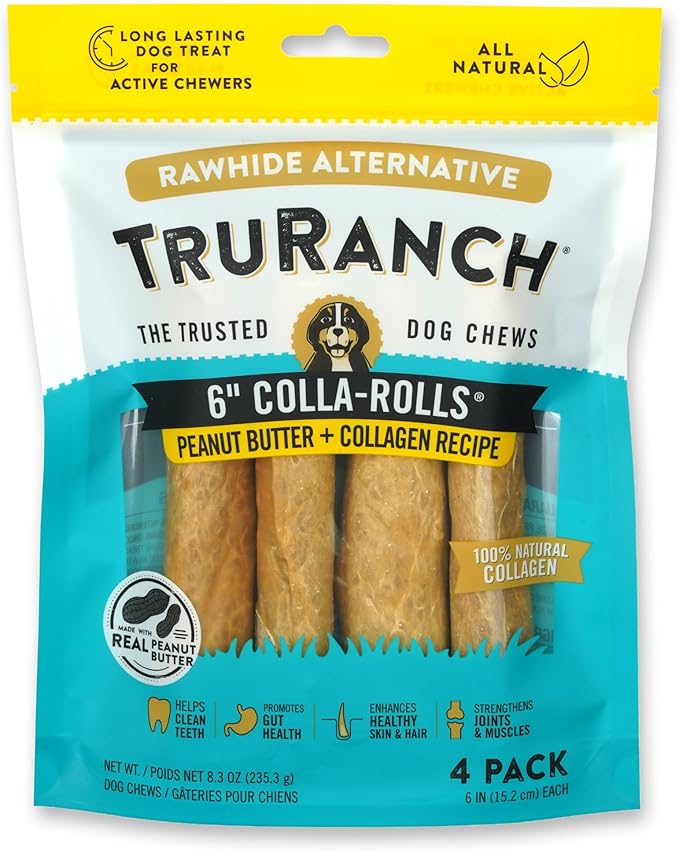 Collagen Rolls - 6" Collagen Rolls for Dogs - Long Lasting Healthy Joint Support Dog Treat - Rawhide Alternative - Skin & Coat Health - Made with Real Peanut Butter, 1 Bag, 4 Count-PawvioPets