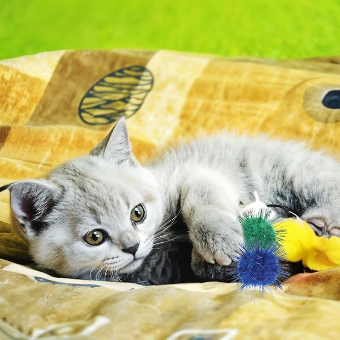 40 Pcs Pom Pom Balls for Kittens Colorful Pompom Balls for Cats Sparkle Ball for Cats Interactive Cat Toy Set for Exercise and Entertainment-PawvioPets