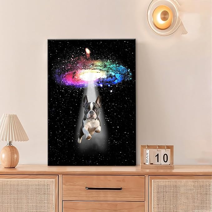 Funny Dog Wall Art Canvas Boston Terrier Wall Decor Prints Framed Painting Bulldog Galaxy Pictures Gifts Artwork for Bathroom 16"x24"-PawvioPets