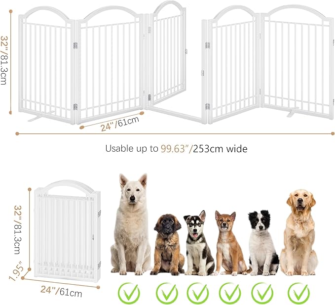 BHG Metal No-Assembly Freestanding Dog Gate with Door Walk Through, Extra Wide 120", Extra Tall 32" Pet Gate, Accordion Puppy Folding Playpen Dog Fence, with 2PCS Support (White, 5 Panels)-PawvioPets