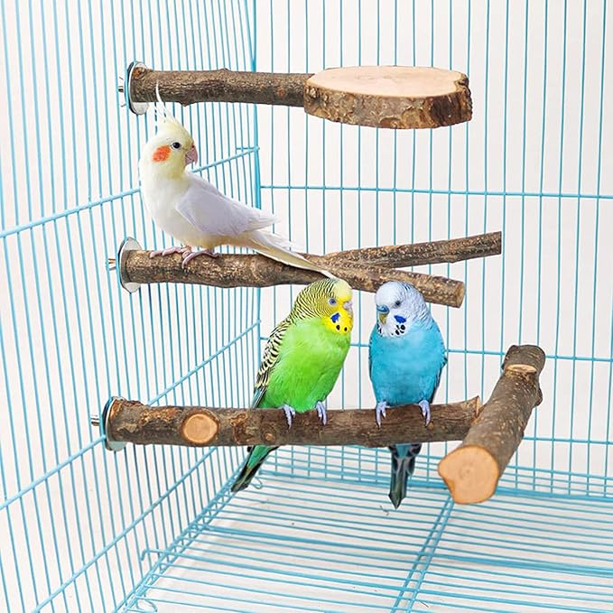 Allazone 4 PCS Natural Wood Bird Perch Stand, Bird Parrot Perch Stand Set, Wooden Parrot Perch Stand Perch Platform Cage Accessories for Parrotlets Cockatiels Budgies Parakeets-PawvioPets