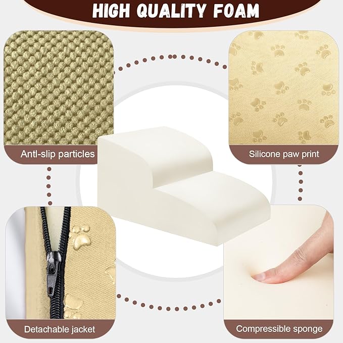 Dog Stairs for Small Dogs - High Density Foam Pet Steps, Extra Wide Dog Ramp with Non-Slip Bottom for High Beds, Couch and Sofa, Best for Dogs Injured, Older Doggy Cats,2 Steps, Camel-PawvioPets