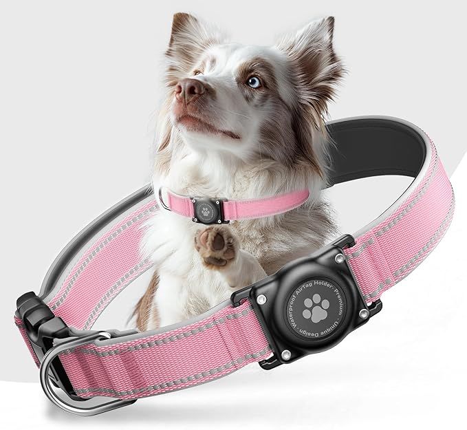 Airtag Dog Collar - 100% Waterproof Air tag Dog Collar Holder for Apple AirTag, Reflective, Soft Padded, Everlasting, GPS Dogs Collar for Small Medium Large Dogs (Pink, M)-PawvioPets