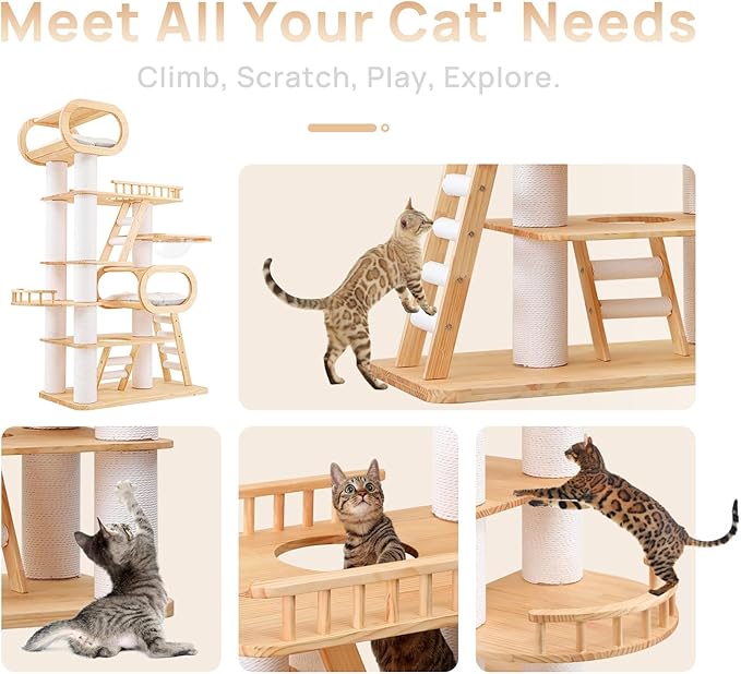 77‘’ Modern Cat Tree, Tall Wood Cat Tower for Indoor Cats Large Adult, Heavy Duty Cat Tree with Scratching Post, Luxury Kitty Condo, Sturdy Cat Furniture with 1 Transparent Bed and 3 Climb Labber-PawvioPets
