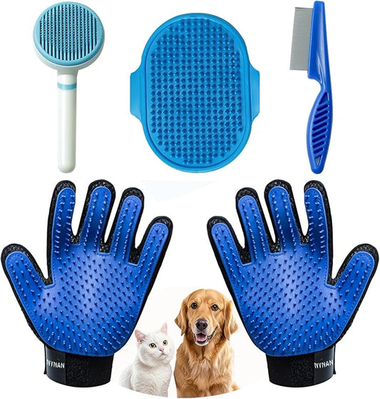4Piece Dog Grooming Brush Set with Grooming Gloves, Deshedding Comb & Massage Bath Brush - Multifunctional Pet Hair Removal Tools for Shedding, Bathing, Brushing (Blue)-PawvioPets