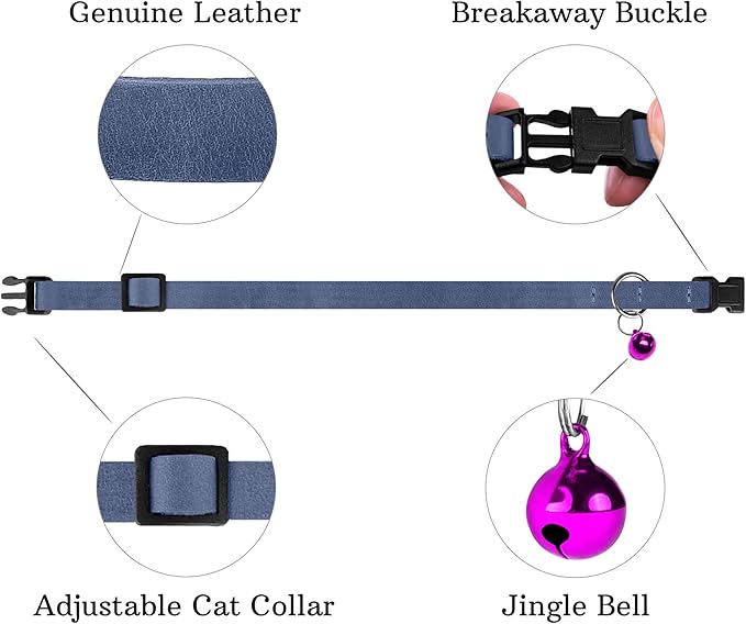 Breakaway Cat Collar Leather with Removable Bell - 13 Colors Available - Soft Adjustable Girl Boy Safety Lightweight Pet Kitten Collars Pink Brown Blue Green Red Orange Black (Denim)-PawvioPets