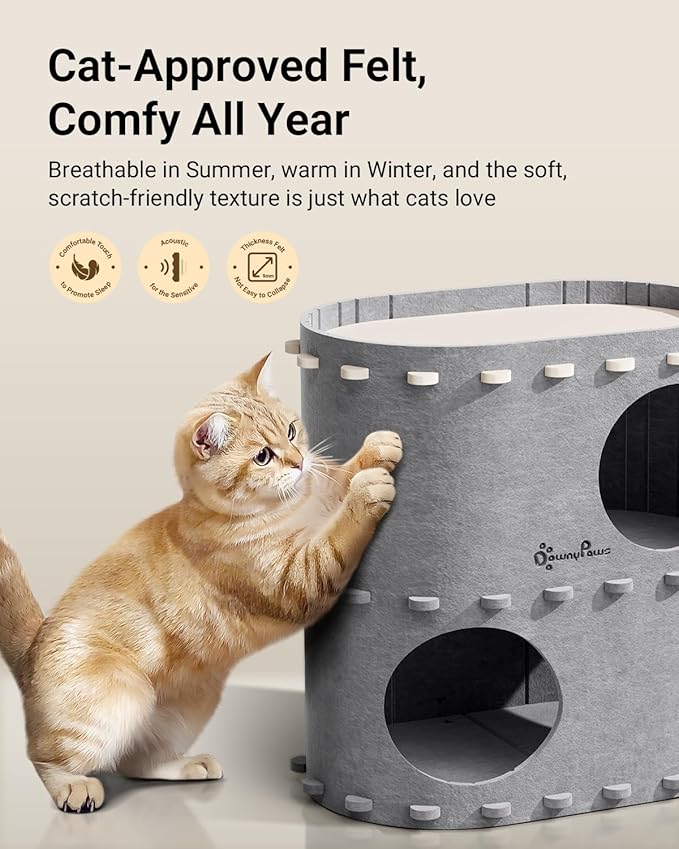 DownyPaws Cat House for Indoor Cats, 2-Storey Foldable Cat Bed Cave, Felt Cats Tunnel Bed Condo, Castle Kitten Cube Hideaway for Multicats, Scratch Resistant, Light Gray-PawvioPets