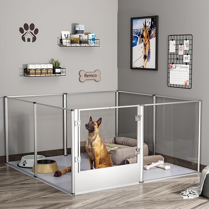 Dog Clear Playpen Fence Kennel: 32” Extra Tall Indoor Pet Birthing Cage Whelping Box with Waterproof Fertility Pad - 52”x52” Extra Large Dogs Exercise Crate Pen Made by Acrylic and Aluminum Frame-PawvioPets