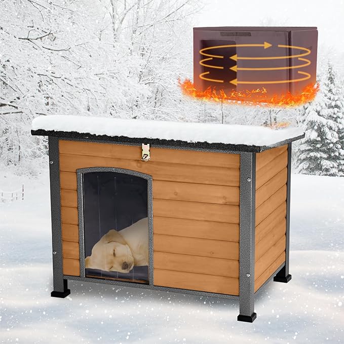 Feral Dog House Outdoor,Anti Bite Iron Frame Dog Kennel,Wood Warm Pets Home,Insulated Weatherproof Outside Shelter for Feral Animal (33.5"(L)×22"(W)×25.2"(H)-Brown-in)-PawvioPets