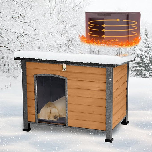 Feral Dog House Outdoor,Anti Bite Iron Frame Dog Kennel,Wood Warm Pets Home,Insulated Weatherproof Outside Shelter for Feral Animal (33.5"(L)×22"(W)×25.2"(H)-Brown-in)-PawvioPets