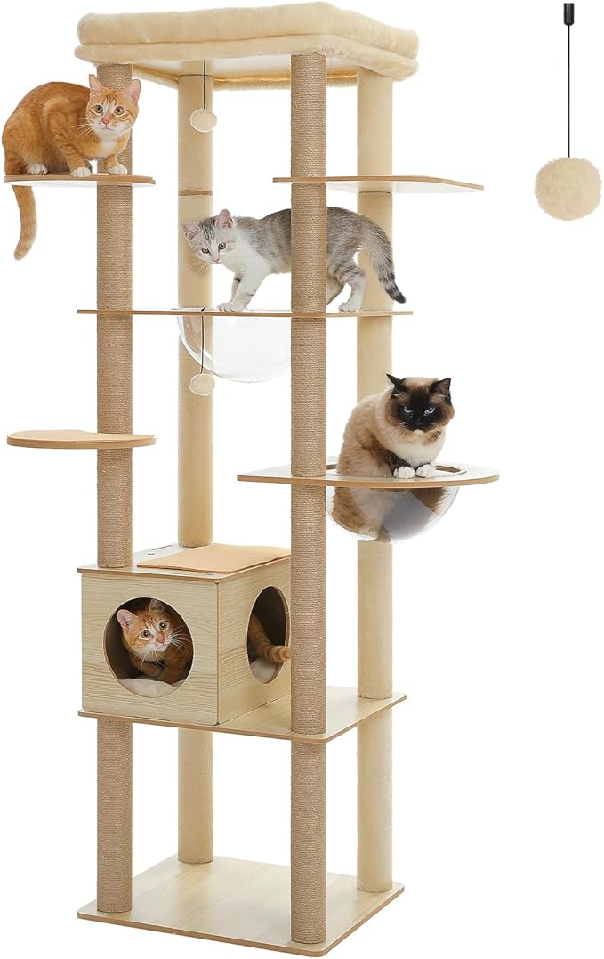 71" Tall Wood Cat Tree for Large Cats, Modern Cat Tower with 2 Acrylic Bowls, Large Top Perch, Spacious Cat Cave (Soft Cushion Included), 10 Sisal Scratching Posts and Non-Slip Jump Platforms-PawvioPets