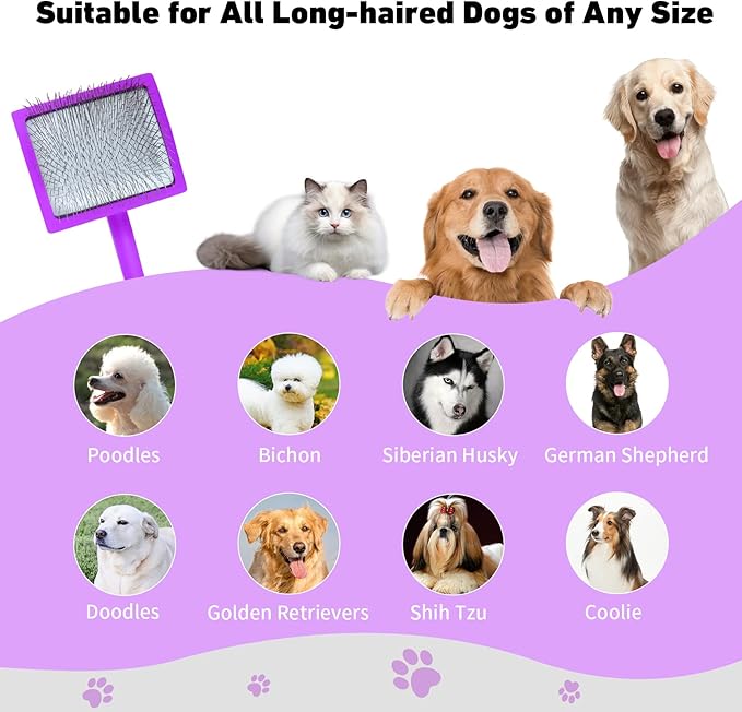 Dog Slicker Brush for Shedding and Grooming Medium or Long Haired Cats, Extra Long & Soft Pin Slicker Brush for Removes Loose Hair, Tangles, Knots, Undercoat, Free Pet Comb, Large Purple-PawvioPets