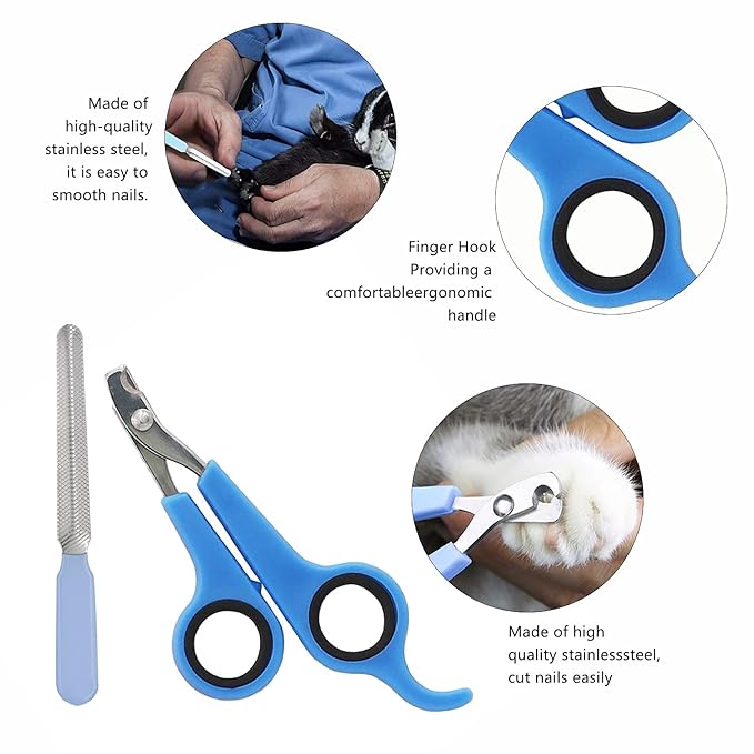 7-Piece Small Pet Grooming Kit with Brush, Nail Clippers, and Adjustable Strap for Rabbits, Hamsters, Guinea Pigs (Blue)-PawvioPets
