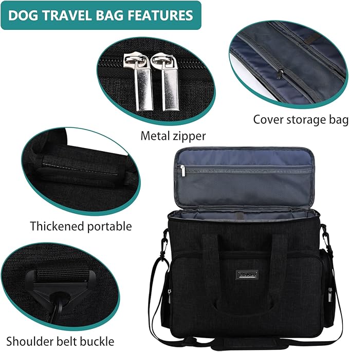 BAGLHER Dog Travel Bag, Airline Approved Pet Tote Organizer with Multi-Function Pockets, 2 X Food Storage Containers and 2 X Collapsible Dog Bowls, Perfect Weekend Pet Travel Set for Dog, Cat Black-PawvioPets