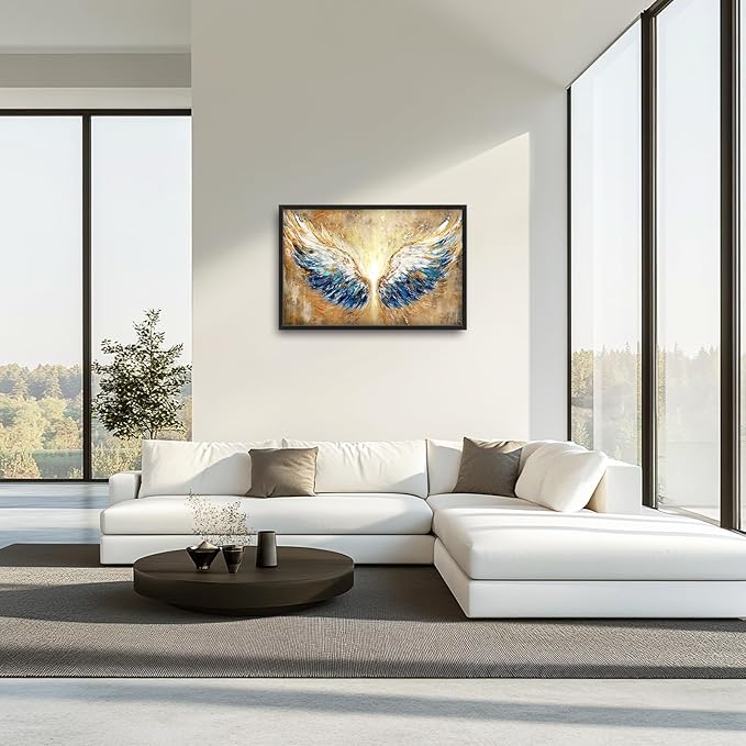 Extra Large Angel Wings Framed Wall Art for Living Room,Oversized Golden Wings Pictures Wall Decor,Holy Gold Blue Canvas Print Painting Modern Artwork Bedroom Office Bathroom 36L" x 24W"-PawvioPets