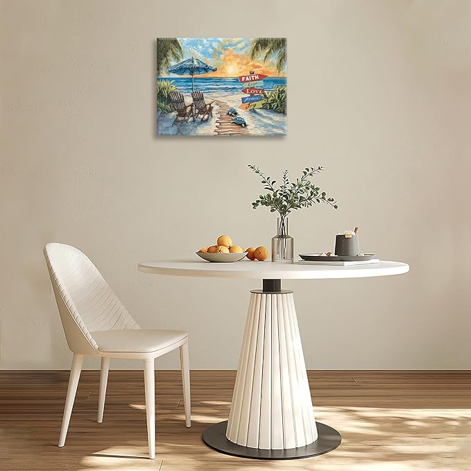 Beach Ocean Bathroom Pictures Wall Art, Seaside Coastal Bathroom Wall Decor, Sunrise Framed Painting Canvas Artwork for Bedroom Living Room Decorations 20"L x 16"W-PawvioPets