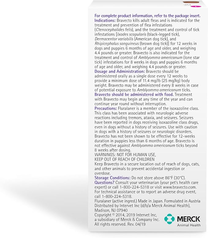 BRAVECTO Chew for Dogs, Flea & Tick, 1 Chew, 12 Week Supply, 88-123 lbs., Pink Box-PawvioPets