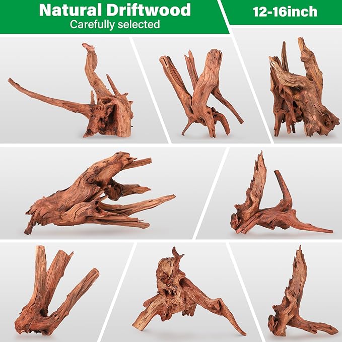 Driftwood for Aquarium Natural Aquarium Wood for Aquascaping Fish Tank Decorations Reptile Tank Decor (Natural Driftwood 12-16" 1 Pack+Protein Cotton)-PawvioPets