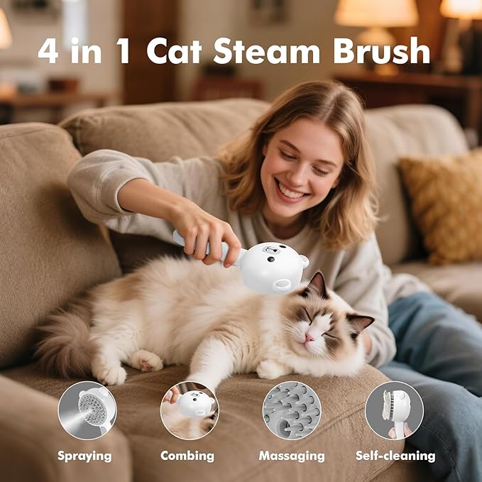 4 in 1 Pet Steam Brush for Cat & Dog, Cat Steam Brush for indoor Cats, Self Cleaning Shedding & Grooming Tool with Waterless Shampoo, Pet Spray Hair Removal Comb with Release Button & Water Tank-PawvioPets