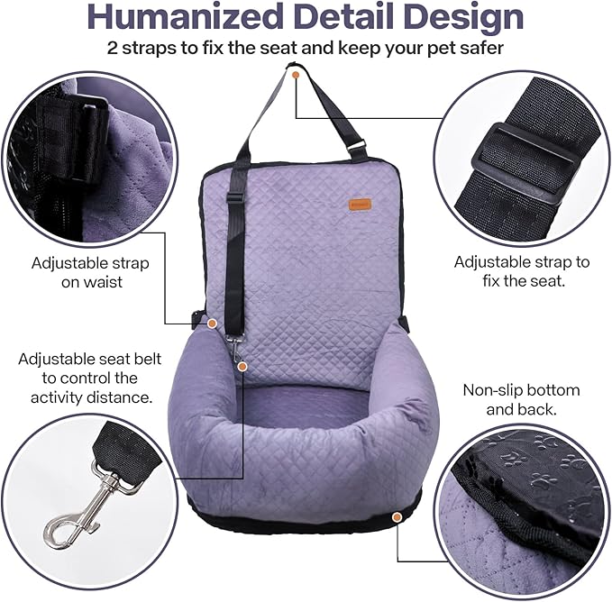 Dog Car Seat for Small Medium Dogs Up to 40lbs, Detachable Washable Soft Pet Booster Travel Bed for Front & Purple Seat with Safety Leash Belt-PawvioPets
