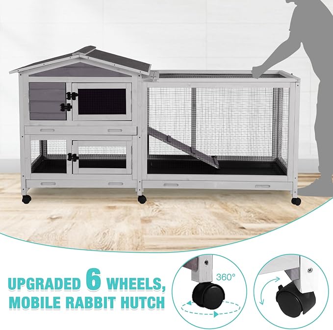 62" Rabbit Hutch with Chew-Proof Ramp & Waterproof Roof - Indoor/Outdoor Bunny Cage, 2-Story Design, 6 Lockable Caster Wheels & Dual Pull-Out Trays (Grey)-PawvioPets