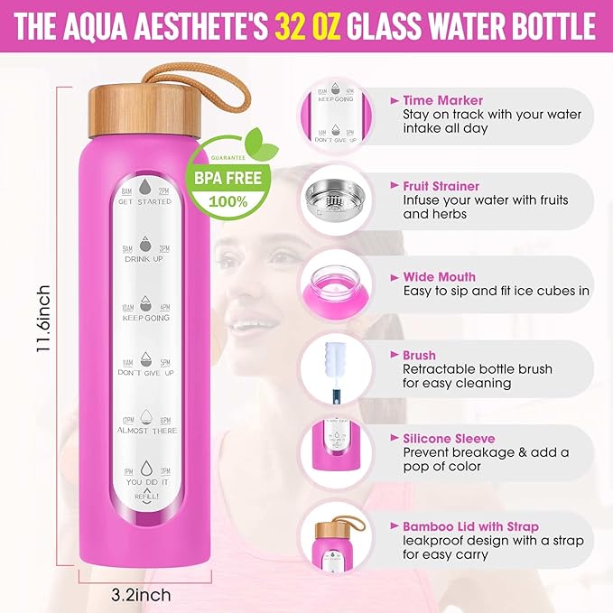 Aqulea Glass Water Bottles 32 Oz with Silicone Sleeve - BPA Free Reusable Wide Mouth Glass Motivational Water Bottles with Fruit Infuser – Leak Proof Borosilicate Water Bottle with Time Marker (Rose)-PawvioPets