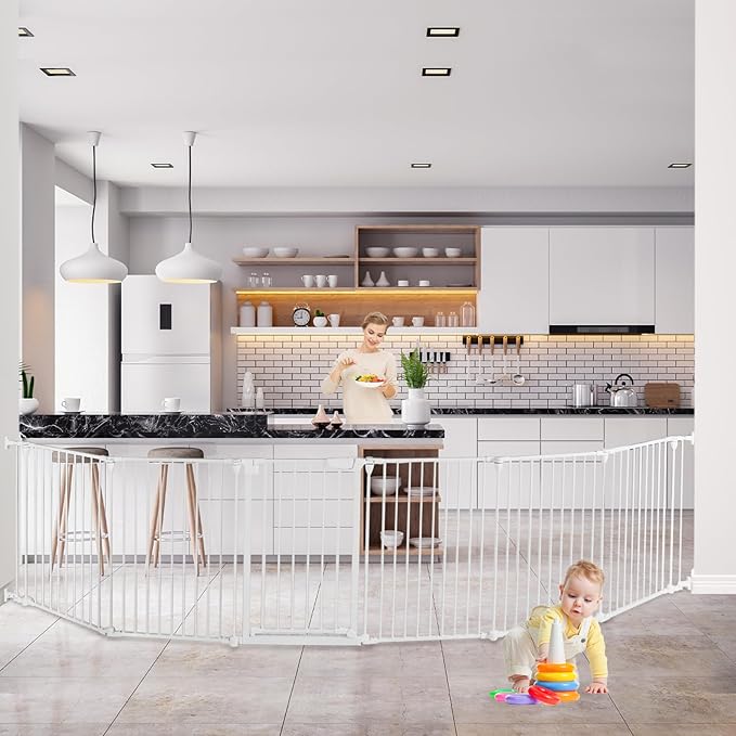 Extra Wide Baby Gate, 30" Tall 142" Wide Configurable Baby Gate Fireplace Safety Fence, Metal Pet Safety Playpen for Toddler/Pet/Dog Christmas Tree Fence (Whtie, (6-Panel))-PawvioPets