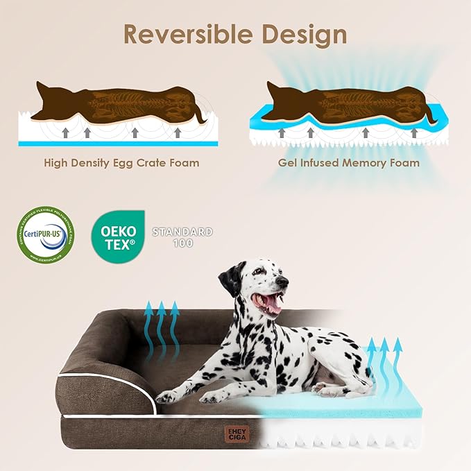 EHEYCIGA Orthopedic Dog Beds for Large Dogs, Waterproof Memory Foam Large Dog Bed with Sides, Non-Slip Bottom and Egg-Crate Foam Pet Couch Bed with Washable Removable Cover, Brown-PawvioPets