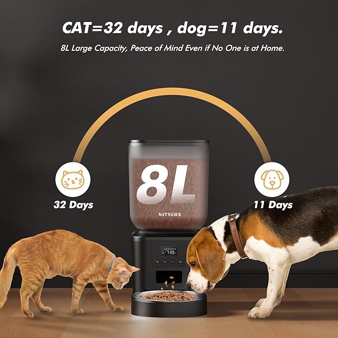 Automatic Dog Feeder - 8L/34 Cups Large Capacity Automatic Cat Food Dispenser with LCD Screen, Large Food Tray, Battery Operated, Timed Cat Feeder, Up to 50 Portions 6 Meals Per Day, Keeps Fresh-PawvioPets