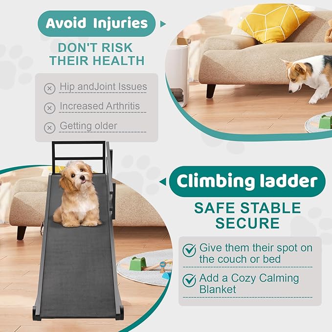 Dog Ramp for Bed, Adjustable Pet Ramps for Dog to Get on Bed, Non-Slip Rubber Surface - Folding Wooden Dog Ramp for Small/Large/Old Dogs, Adjustable up to 31 inch High Beds, Safety Railings-PawvioPets