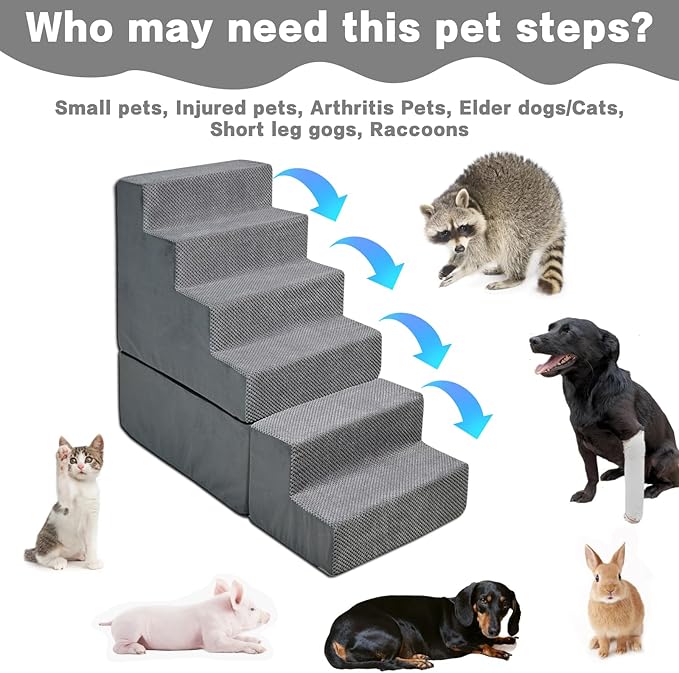 Dog Steps for High Beds 30-32" H - 6-Step Dog Stairs for Small Dogs, 33D Foam Pet Steps for High Bed with Non-Slip Bottom and Washable Cover, Dogs Ramp for Bed Indoor, Grey-PawvioPets