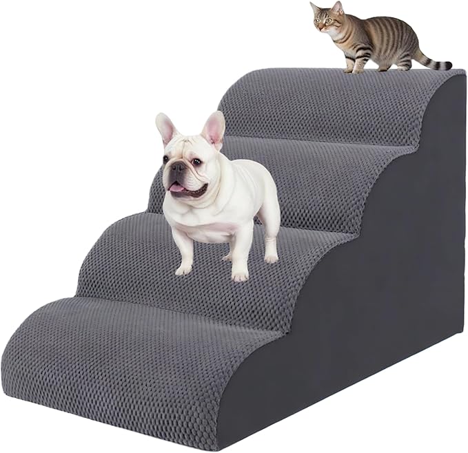 4 Step Pet Stairs Ramp for High Beds Sofas 18-24 Inch with Sturdy Non Slip Waterproof Pads, Machine Washable Cover Indoor Balanced Design for Cats Dogs Small Medium Large XL Pets Grey-PawvioPets