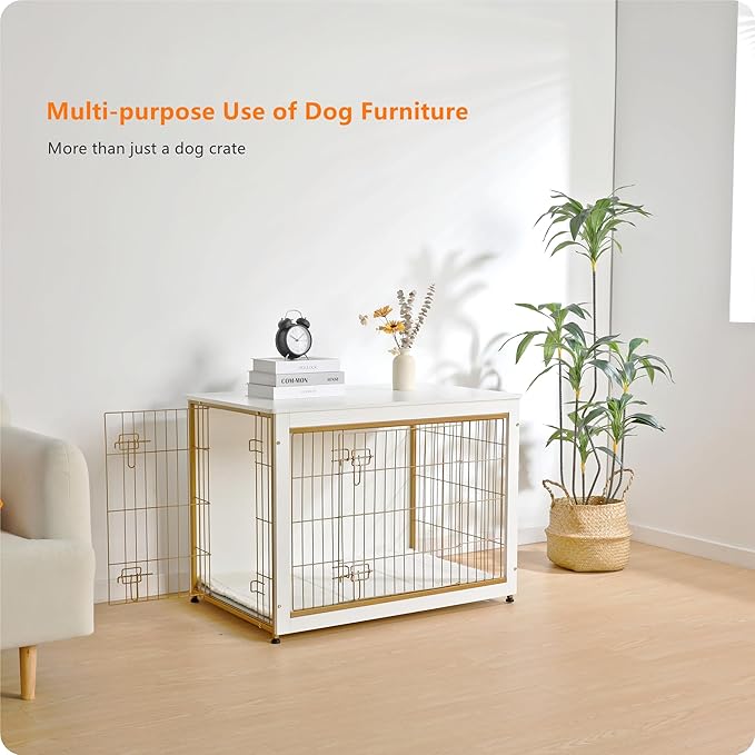 DWANTON Dog Crate Furniture with Cushion, Wooden Kennel Table with Double Doors, Indoor Dog House, Large Size, 38.5" L, White-PawvioPets