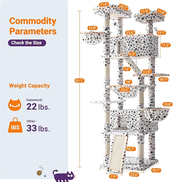 Allewie 81 Inches Tall Cat Tree/Multi-Level Large Climbing Tree House and Towers for Big Feline/Condo and Hammock/Scratching Post/Wide Base/White & Black Spot-PawvioPets