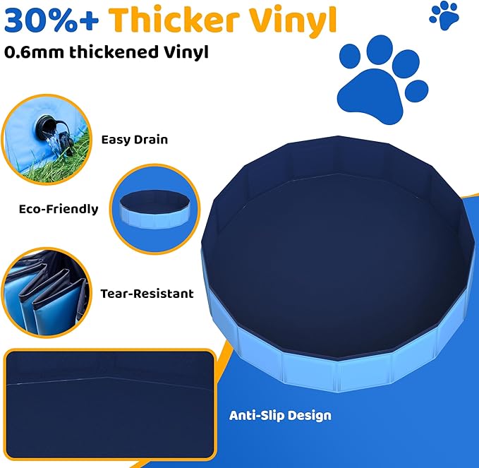 71" x 12" Foldable Dog Pool - Collapsible Hard Plastic Kiddie Pool for Dogs & Kids, Non-Slip Pet Bath Tub for Outdoor Backyard Use, Lightweight & Portable (Blue)-PawvioPets