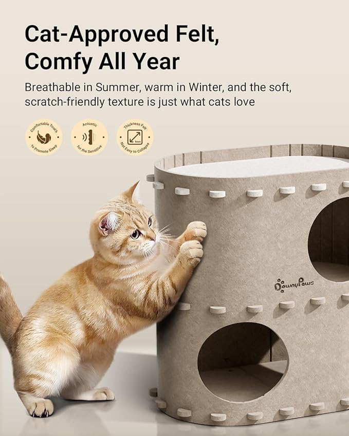 DownyPaws Cat House for Indoor Cats, 2-Storey Foldable Cat Bed Cave, Felt Cats Tunnel Bed Condo, Castle Kitten Cube Hideaway for Multicats, Scratch Resistant, Cream-PawvioPets