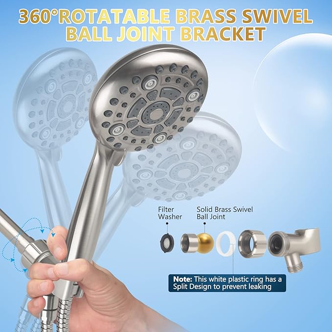 DAKDAKINGS 6 Spray Modes High Pressure Handheld Showerhead Set Upgraded 5 Inches Shower Head with Handheld Spray Brushed Nickel Handheld Shower Head 60 Inches Stainless Steel Hose-1-Min Install-PawvioPets