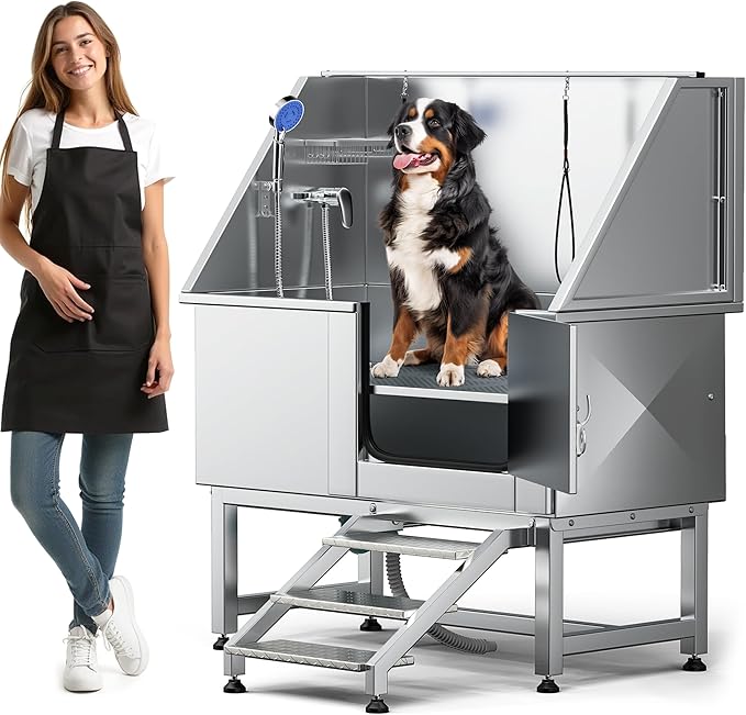 DWVO Professional Pet Dog Bathing Station for Grooming, 50'' Dog Grooming Bathtub with Right Staris, Floor Grate, Faucet, Showerhead & Soap Holder for Large, Medium & Small Pets-PawvioPets