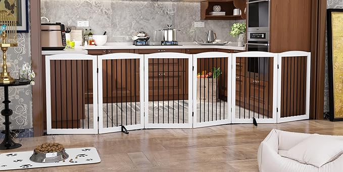 Freestanding Pet Gate for Dogs, Indoor Wooden Foldable Dog Gate for House, Extra Wide, Pet Fence for Stairs, Doorways, Halls, Support Feet Included, 120 Inch Wide, 6 Panels 32",White-PawvioPets
