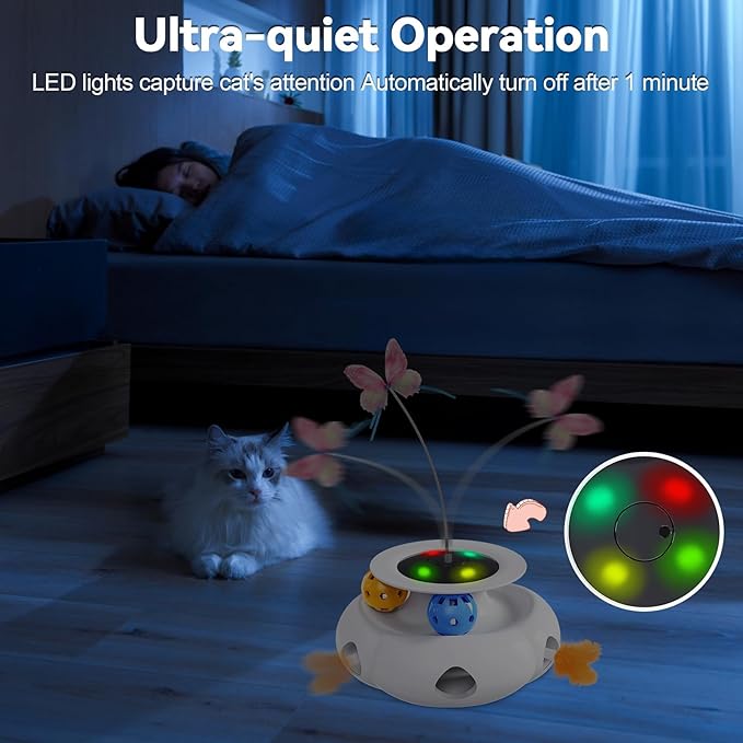 3in1 Interactive Cat Toys Moving Ambush Feather, Spinning Butterfly, Track Balls, Rechargeable Automatic Activated Kitten Toys for Indoor Cats, Cat Feather Toy for All Breeds-PawvioPets