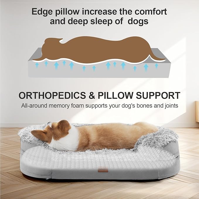 3.7 inch Thickened Orthopedic Dog Beds for Medium Dogs, Supportive Dog Sofa Bed with 28D Egg-Crate Foam, Removable Washable Plush Cover, Waterproof Lining, Half-Round Design for Puppy,Senior Dog-PawvioPets