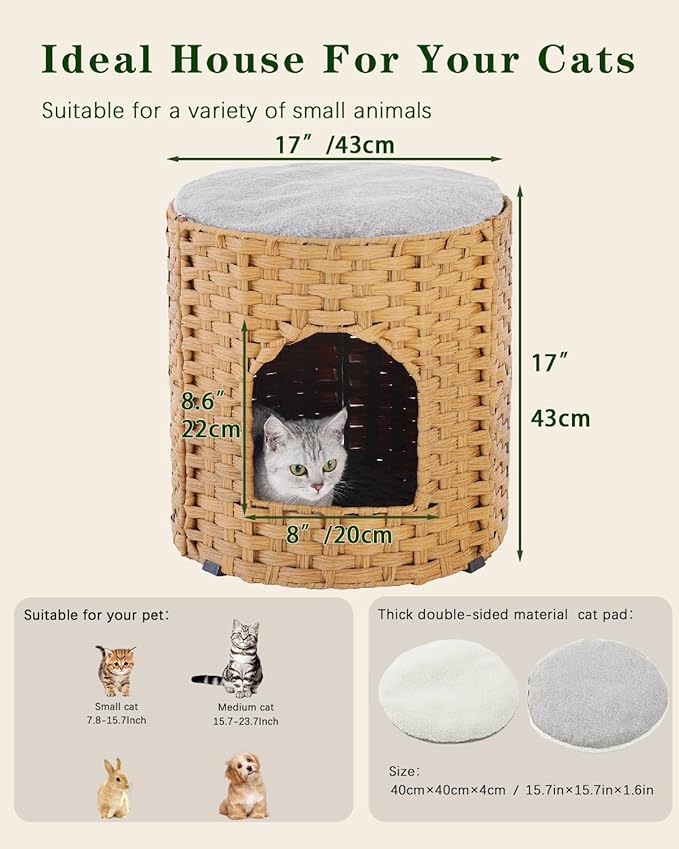 Cat House for Indoor Cat, Large Double Cat Houses Cat Bed Cave, Handwoven Rattan Pet Beds with One Soft Pad, 17 x 17 x 17 Inches Foldable Kitten Hideaway in Living Room Natural-PawvioPets