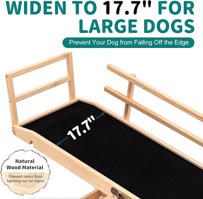 Dog Ramp for Bed, Adjustable Pet Ramps for Dog to Get on Bed, Non-Slip Rubber Surface - Folding Wooden Dog Ramp for Small/Large/Old Dogs, Adjustable up to 23.5 inch High Beds, Safety Railings-PawvioPets