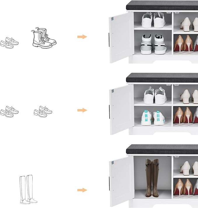 2-Tier Storage Bench, Shoe Bench with Padded Seat Cushion, Entryway Bench with 2 Barn Doors, Adjustable Shelf, 13.8" D x 27.6" W x 17.7" H, for Entryway, Living Room, Bedroom, White-PawvioPets