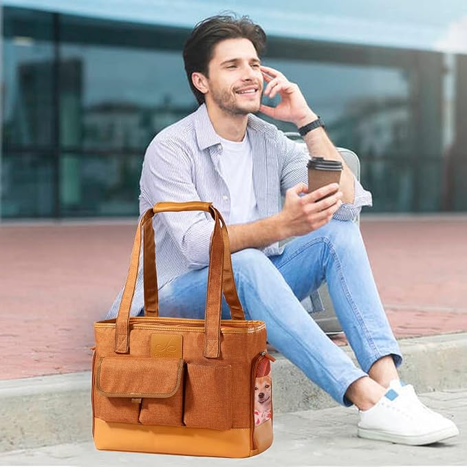 Cat Carrier, Dog Carrier, Pet Carrier, Foldable Waterproof Premium PU Leather Oxford Cloth Dog Purse, Portable Bag Carrier for Small to Medium Cat and Small Dog-Brown-PawvioPets