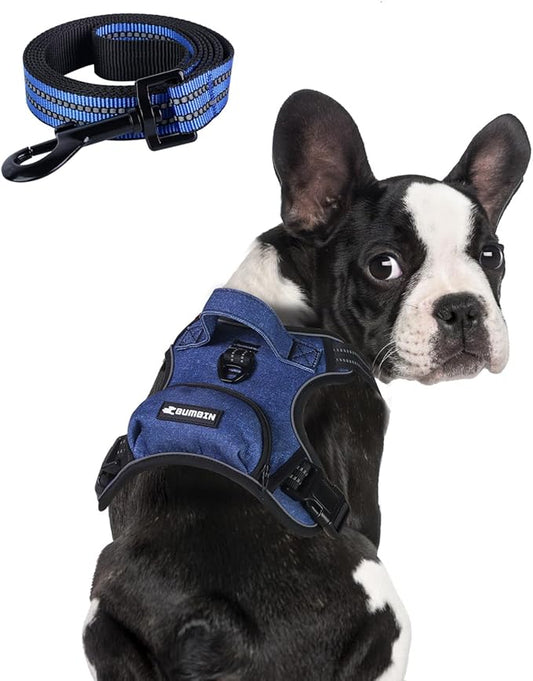 BUMBIN Dog Harness for Large Dogs, No Pull Adjustable No Choke Pet Vest with Dog Leash Fit Smart Reflective Pet Walking Harness for Training Easy Control Soft Handle Denim Blue L-PawvioPets