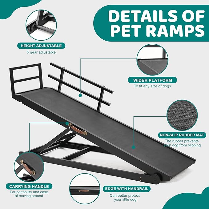Dog Ramp for Bed, Adjustable Pet Ramps for Dog to Get on Bed, Non-Slip Rubber Surface - Folding Wooden Dog Ramp for Small/Large/Old Dogs, Adjustable up to 31 inch High Beds, Safety Railings-PawvioPets