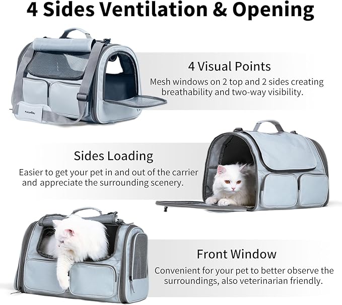 FUKUMARU Cat Carrier, Soft-Sided Small Dog Carrier, Large Cat Travel Bag with 4 Mesh Windows, Under 15 lb Airline Approved Pet Carrier with 4 Storage Pockets, Rollable Cover for Nervous Cats, Grey-PawvioPets