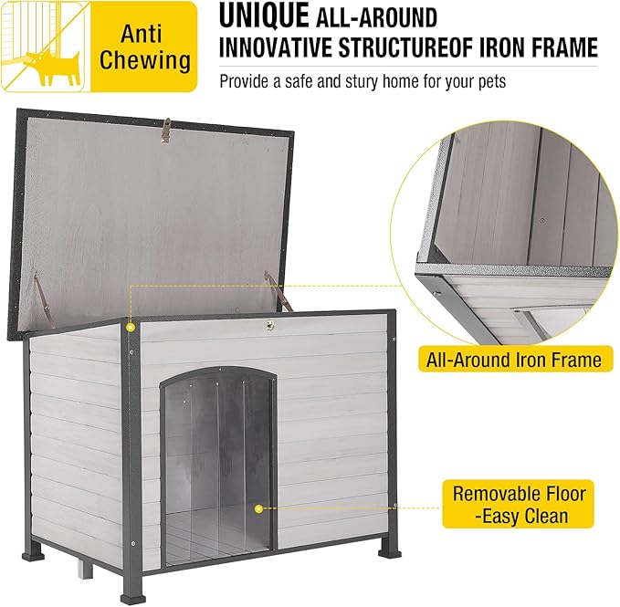 Aivituvin Large Dog House Outdoor Indoor Weatherproof Dog House for Small & Medium & Large Dogs with Unique All-Around Iron Frame＆Raised Feet（White）-PawvioPets